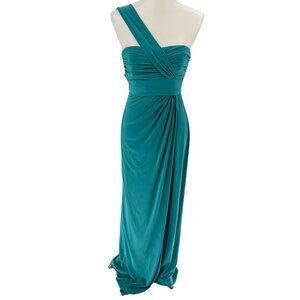 Amsale Teal One-Shoulder Formal Dress Size 4 With Draped Bodice & Side Gather